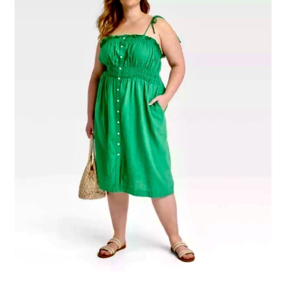NWT SZ XL Linen Blend Sleeveless Smocked Detail Midi Dress in Perfect Mint Color